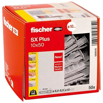 Abbildung von fischer Spreizdübel SX Plus 10 x 50, Schachtel mit 50 Nylondübeln, Dübel für optimalen Halt bei Befestigungen in Beton, Vollziegel, Porenbeton, Hochlochziegel uvm.