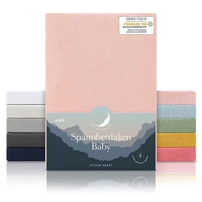 Abbildung von Laleni Jersey Spannbettlaken 28x73cm 30x76cm Babybett 2er Set Oeko TEX zertifiziertes Stubenwagen Bezug 100% Baumwolle Kinderwagen Baby Bettwäsche in Rosa