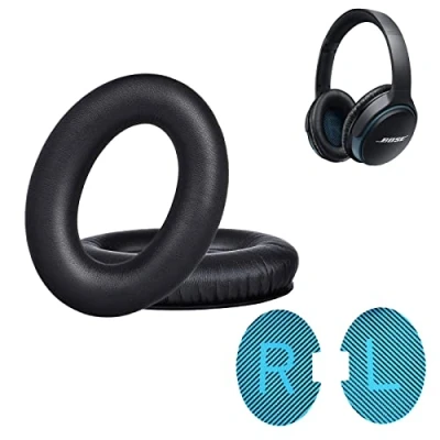 Abbildung von Ersatz Ohrpolster mit Proteinleder und Memory Foam für Bose QuietComfort QC 2 15 25 35 QC2 QC15 QC25 QC35 SoundLink SoundTrue Around Ear II AE2, Schwarz