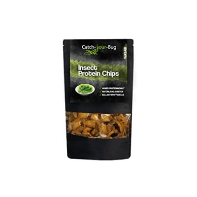 Abbildung von Insekten Protein Chips mit 24% zum Essen von Catch Your Bug, gesunder Snack auf Basis Linsen und Erbsenmehl Grillenpulver, Wasabi, 70 g