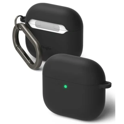 Abbildung von Ringke Silicone Kompatibel mit AirPods 4 Case Hülle, Weiche Beschichtung Flüssig Silikon Kratzfest Stoßfest Öl Fleckenfest SchutzHülle, Karabiner für 4. Generation Black