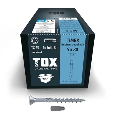 Abbildung von TOX Holzbauschrauben TIMBR SK 5,0 x 80 mm, blau verzinkt mit Senkkopf, TX25, Schrauben für leichtes Eindrehen und bündige Montagen im Holzbau, 200 Stück Karton, inkl. 1x Bit, 112040415080