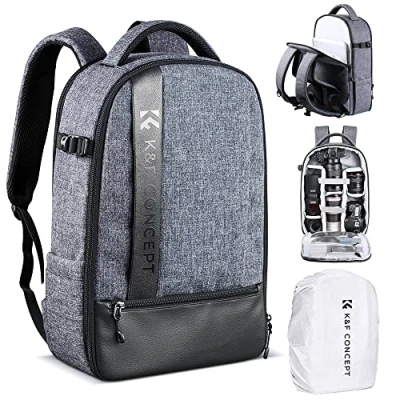 Abbildung von K&amp;F Concept 18L Kamerarucksack, Fotorucksack mit 15.6 Zoll Laptopfach, Große Kapazität Camera Backpack Regenschutz für DSLR/Stativ/Zubehör Grau Schwarz