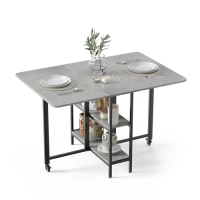 Abbildung von Mondeer Mobiler Klappbarer Esstisch, Klapptisch mit 2 offenen Ablagen für kleine Räume Esszimmer Küche, 120 x 80 75 cm, Grau