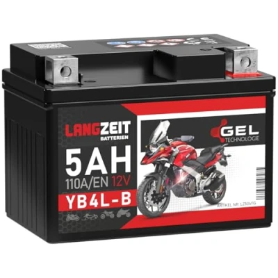 Abbildung von LANGZEIT YB4L B GEL Roller Batterie 12V 5Ah 110A/EN Motorradbatterie doppelte Lebensdauer entspricht CB4L 50411 12N4 3B A ersetzt 4Ah vorgeladen auslaufsicher wartungsfrei