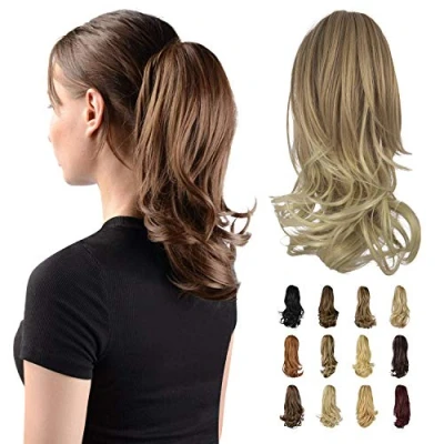 Abbildung von Sofeiyan 33cm Pferdeschwanzverlängerung Langer lockiger Pferdeschwanz Clip in Klaue Haarverlängerung Natürlich aussehendes synthetisches Haarteil für Frauen, Dunkelblond zu Bleichblond