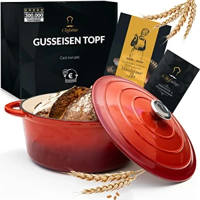 Abbildung von Chefarone Gusseisen Topf 26 cm 4,7 L emailliert Schmortopf mit Deckel Induktion Bräter Brot backen Cocotte emaille Bratentopf Brotbacktopf