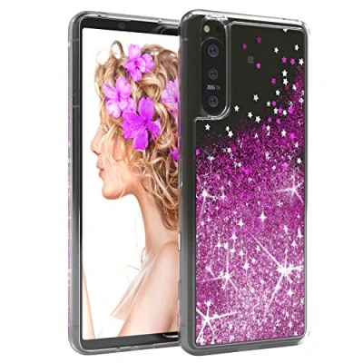 Abbildung von EAZY CASE Hülle kompatibel mit Sony Xperia 5 II (5G) Schutzhülle Flüssig Glitzer, Handyhülle, Schutzhülle, Back Cover Glitter Flüssigkeit, TPU/Silikon, Transparent/Durchsichtig, Lila