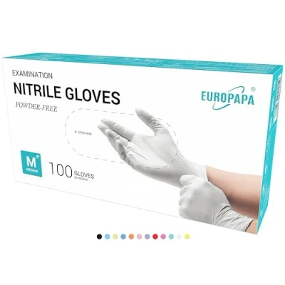 Abbildung von EUROPAPA® 100x Nitrilhandschuhe Box Einweghandschuhe, Einmalhandschuhe, Untersuchungshandschuhe, Nitril Handschuhe, puderfrei, ohne Latex, unsteril, latexfrei, disposible gloves (M, Weiß)