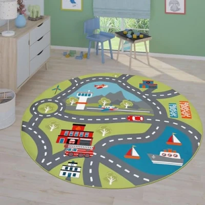 Abbildung von TT Home Kinderzimmerteppich Teppich Junge Mädchen Kinderteppich Baby rutschfest Straße, Farbe:Grün, Größe:200 cm Rund