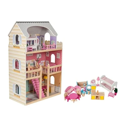 Abbildung von Mamabrum Puppenhaus 3 stöckiges Holzpuppenhaus mit Terrasse, Möbelset und LED