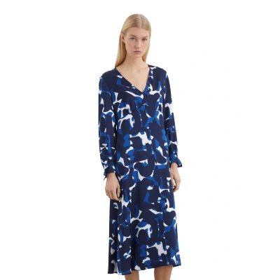 Abbildung von Marc O&#039;Polo Dress MIDI Length V NECK Feminine Style Flared Skirt Longsleeve Printed Freizeitkleid, Damen, Größe: 32, Blue