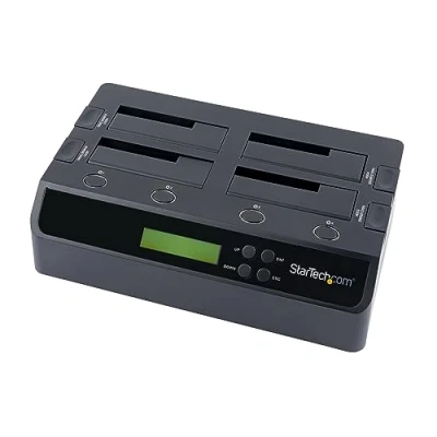 Abbildung von StarTech.com 4 Bay Festplatten Klonstation und Löscher, Selbständiger 1:3 SATA HDD/SSD Kloner/Kopierer, USB 3.0 / eSATA zu Dockingstation, Laufwerk Kopierer Reinigungs Dock (SATDOCK4U3RE)
