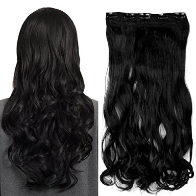 Abbildung von SEGO 43cm Haarteil Clip in Extensions 1 Tresse 5 Clips Haarverlängerung Human Hair wie Echthaar Gewellt Schwarz 17&quot;(43cm) 120g