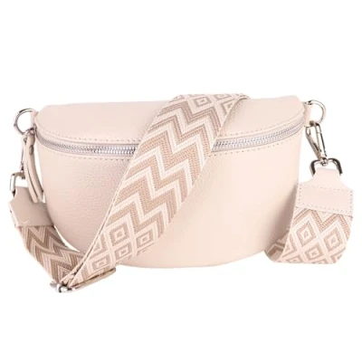 Abbildung von MIRROSI® Bauchtasche Damen, Echtleder, Made in Italy, Umhängetasche, Brusttasche, Crossbody Bag (1 Tasche &amp; 2 Gurte) (Beige (Bohe Beige Taupe), Große (28x18x9cm))