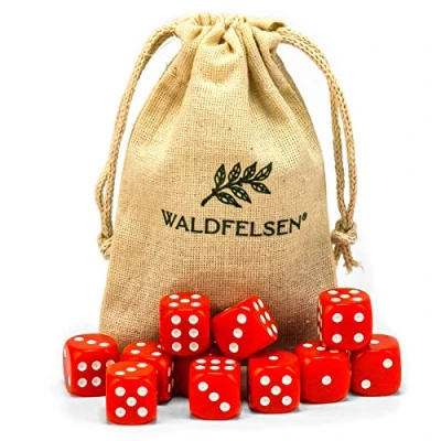 Abbildung von Waldfelsen 6, 12, 20, 30 oder 50 hochqualitative Würfel Standardgröße 16 mm Acrylwürfel Knobel Spielwürfel Dice 6 seitig sechsseitig Spielzubehör Set mit Stoffbeutel (Rot, 12 Stück)