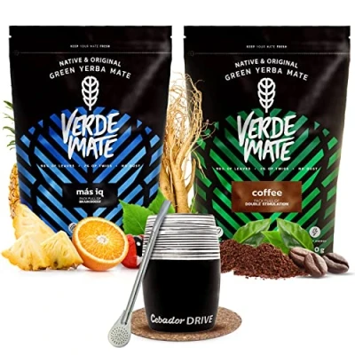 Abbildung von Set anregender Mate Tee mit Becher Drive Tee, Anregung und Kaffee Verde Green Mas IQ, Coffee Brasilianischer grüner 2x500g