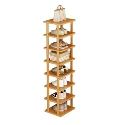 Abbildung von mufojyez Vertikales Schuhregal aus Holz mit 5/7/8 Ebenen, vertikal, schmal, hoch, für Eingangstür, Schuhregal, freistehende Schuhaufbewahrung, hoher Organizer, vertikaler Eingang,