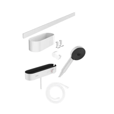 Abbildung von hansgrohe WallStoris Badezimmer Set, Zubehör Set für das Bad, 7 teilig, mit Duschkopf wassersparend, Duschthermostat und Bad Accessoires, Zubehör, Mattweiß, 24250700