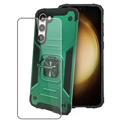 Abbildung von SDTEK Hülle Kompatibel mit Samsung Galaxy S23+ Plus, Starke Robuste Hybrid Telefonabdeckung Integriertem Magnetringhalter Glas Displayschutzfolie 360 (Grün) (Fingerabdruck Entsperrung kompatibel)