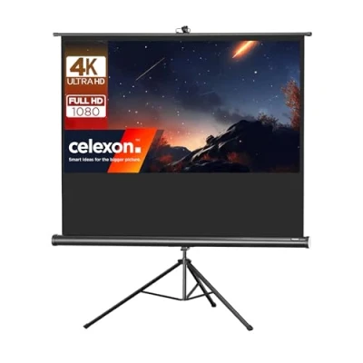 Abbildung von 85&quot; Zoll Stativ Leinwand celexon Economy 16:9 184x104 cm schwarz 4K Full HD 3D mobil, transportabel; für Heimkino Projektionen &amp; Präsentationen mit Ihrem Beamer Tragegriff und Stativfuß