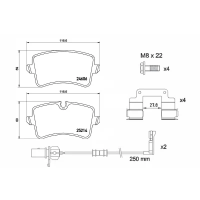 Abbildung von BREMBO P 85 157 Bremsbelagsatz inkl. Verschleißwarnkontakt mit Bremssattelschrauben Zubehör AUDI: A4 B9 Avant, A8 D4, Limousine