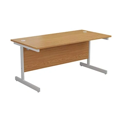 Abbildung von office hippo Strapazierfähiger rechteckiger Büroschreibtisch mit Tragebalken, PC Tisch für Büro oder Heimbüro, integriertem Kabelkanal, weißes Gestell, Top Platte aus Eiche, 140 cm x 80