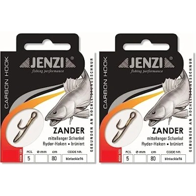 Abbildung von Set: 2 Packungen JENZI gebundene Zanderhaken Ryder Haken (10 Stück) Mono,80cm Zander Vorfach montiert Hakengröße, 2, 4, 6, 8 + gratis Petri Heill! Aufkleber (Hakengröße 6)