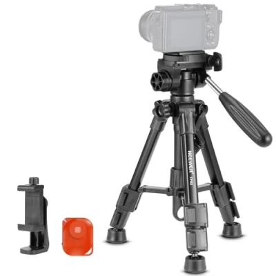 Abbildung von NEEWER Mini Tischstativ für Kamera und Telefon mit 3 Wege Schwenk Neigekopf, Griff, Fernbedienung, tragbares Tisch Videostativ aus Metall 1/4&quot; Platte DSLR Camcorder, Max. Last 6kg, TP02