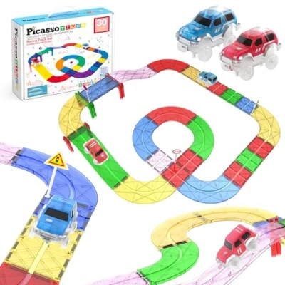 Abbildung von PicassoTiles 30 teiliges Rennauto Track Baustein Lernspielzeug Set Magnetfliesen Magnet DIY Spielset 2 Race Car Trucks Spielzeug STEM Learning Baukasten Hand Auge Koordination Feinmotorik