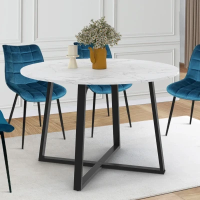 Abbildung von Runder Esstisch SELMA 4 6 Personen Platte Marmoreffekt weiß ALASKA und schwarz 110 cm IDMarket