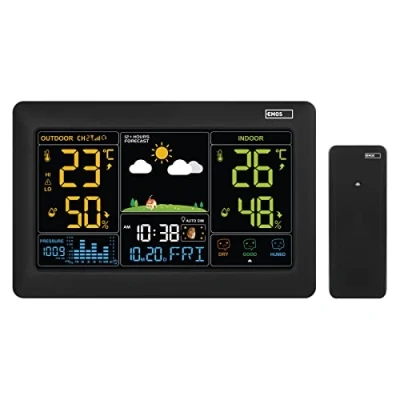 Abbildung von EMOS Funk Wetterstation mit Farbdisplay und Außensensor, Thermometer, Hygrometer, Barometer, Wettervorhersage, Datum Uhranzeige, Wecker, Smiley Indikator, inkl. Netzteil