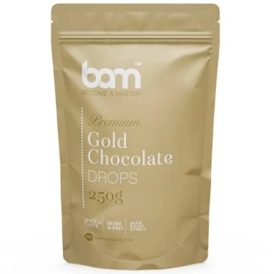 Abbildung von BAM Schokolade Drops mit Geschmack, Tropfen, Callets zum Schmelzen, Backen für Zuhause und Profi (Gold Caramel Schokolade, 250 g)
