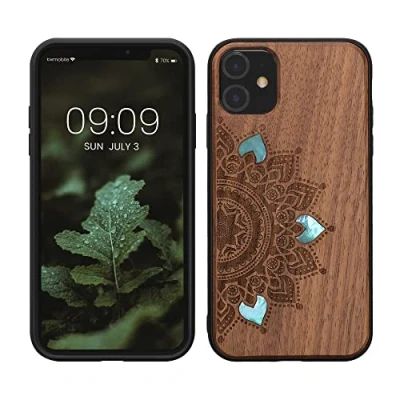 Abbildung von kwmobile Hülle kompatibel mit Apple iPhone 11 Holz Case Handy Cover TPU Handyhülle in Dunkelbraun Aufgehende Sonne Perlmutt