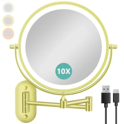 Abbildung von Auxmir Kosmetikspiegel mit 1X/ 10X Vergrößerung LED Beleuchtung, Dimmbarer Schminkspiegel Touchschalter USB Aufladbar, Rasierspiegel 360 Drehbar Wandmontage für Badezimmer, Spa und Hotel, Gold