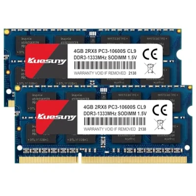 Abbildung von Kuesuny 8 GB Kit (2X4GB) DDR3 1333 MHz Sodimm RAM PC3 10600 10600S 1,5 V CL9 204 Pin 2RX8 Dual Rank Nicht ECC ungepufferter Speicher Ideal für Notebook Laptop Upgrade