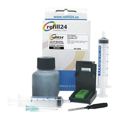 Abbildung von refill24 Nachfüllset: Nachfülltinte 50 ml kompatibel für Druckerpatronen Canon PG 545 PG545 XL Schwarz + Zubehör Anleitung, Refillset mit Druckertinte fürPixma iP MG MX TR