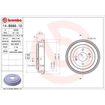 Abbildung von BREMBO 14.B986.10 Bremstrommel 203,2 HYUNDAI: i10 I, i20 I Schrägheck, ACCENT 3 Stufenheck, KIA: RIO 2 Stufenheck