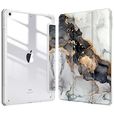 Abbildung von Fintie Hybrid Slim Case für iPad 9th / 8th 7th Generation (2021/2020/2019) 10,2 Zoll [Eingebauter Stifthalter] Stoßfeste Abdeckung mit klarer transparenter Rückschale, Wolkiger Marmor