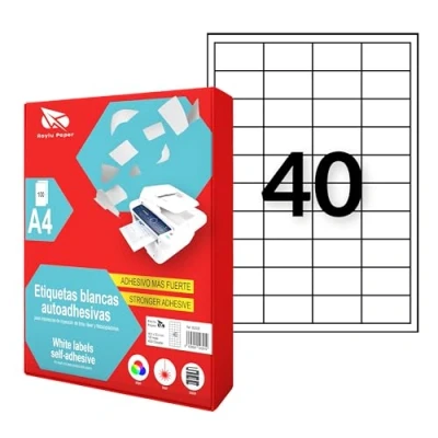 Abbildung von Raylu Paper ® selbstklebende weiße Etiketten zum Drucken, Papieraufkleber auf A4 Bögen für Inkjetdrucker, Laser und Fotokopierer, 40 pro Blatt (48,5 x 25,4 mm)