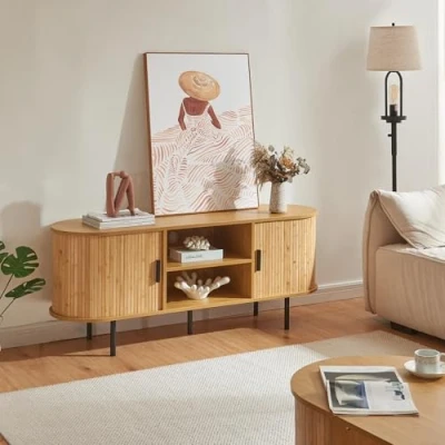 Abbildung von [en.casa] TV Schrank Tvedestrand Lowboard mit 2 Schiebetüren und Ablagefächern Fernsehschrank 140 x 40 55 cm Board Kommode Metallgestell Fernsehtisch Holzfarben/Schwarz
