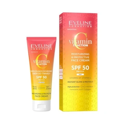 Abbildung von Eveline Cosmetics Vitamin C 3x Action Feuchtigkeitsspendende Schutz Gesichtscreme SPF 50 mit UVA/UVB Schutz, Anti Aging und Aufhellungskomplex