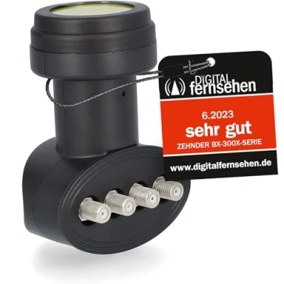 Abbildung von Zehnder Quad LNB für 4 Teilnehmer mit Sun Protect UV Schutz und Wetterschutzkappe zum herausziehen 40mm Feed 4K Ultra HD Satellite Digital 4Fach 4G 5G LTE Abschirmung BX 3004