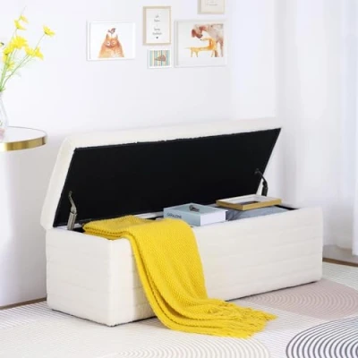 Abbildung von LEUTED Sitzhocker mit Stauraum, Moderner Sitzbank Schlafzimmer Aufbewahrungsbox Teddystoff Fußbank Sitztruhe 118cm, Beige