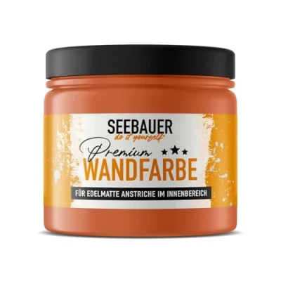 Abbildung von SEEBAUER diy Wandfarbe orange 300ML für Innen (No. 502 Bali Sunset) Edelmatte Innenfarbe Orangetöne sehr hohe Deckkraft Matt, Abwaschbar und Tropffrei