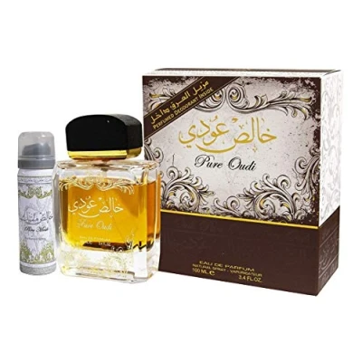 Abbildung von Pure Oudi (Khalis Oudi) 100 ml Edp Spray von Lattafa Nut Meg Agar Wood + gratis Deo Inside