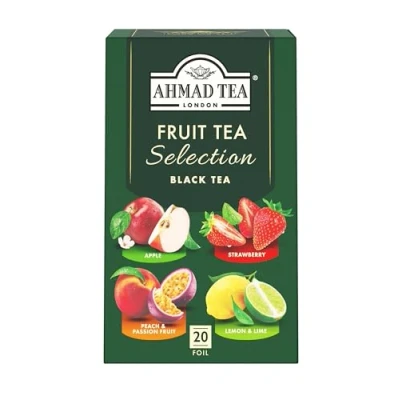 Abbildung von Ahmad Tea Fruit Selection Früchtetee Sortiment aus schwarzem Tee Apfel, Pfirsich &amp; Passionsfrucht, Erdbeere, Zitrone Limette Einzeln Verpackt Aromaversiegelt 20 Teebeutel mit Band