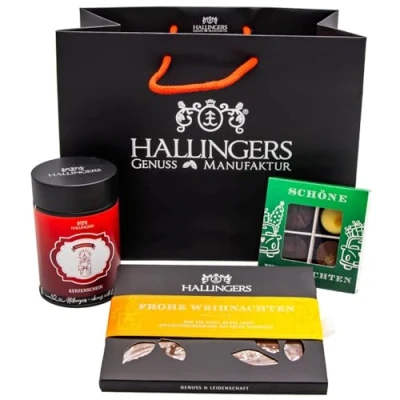 Abbildung von Hallingers Frohe Weihnachten Klein No. 01 Weihnachtliches Geschenk Set mit Tee, Schokolade &amp; Pralinen als Geschenkkorb zu (Set) Adventskalender Neuheiten befüllen