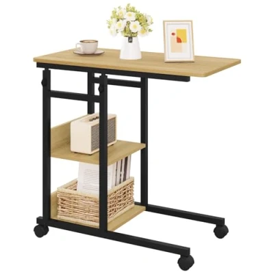 Abbildung von WOLTU Beistelltisch Couchtisch Sofatisch Wohnzimmertisch Laptoptisch Betttisch, C förmig höhenverstellbar, mit Rollen, aus Metall Holzwerkstoff, helle Eiche + Schwar, BTS08hei