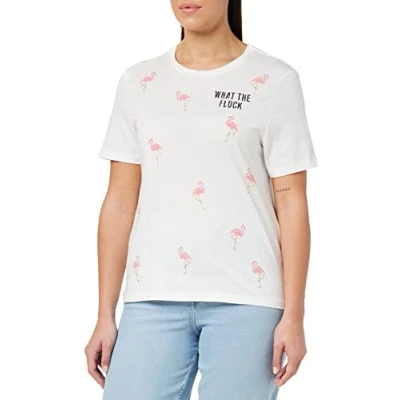 Abbildung von ONLY Women&#039;s ONLKITA REG S/S Flamingle TOP Box JRS T Shirt, Bright White/AOP:Flamingo, M